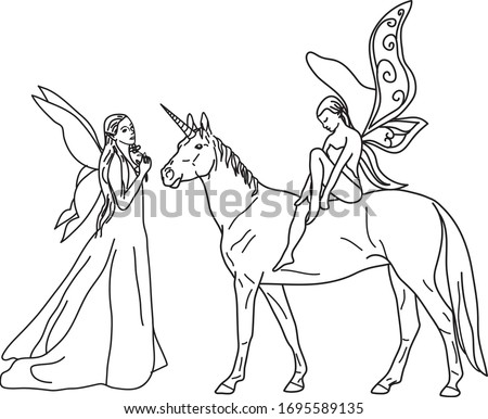 Coloring page unicorn elf girls