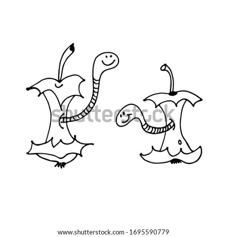 Cartoon worms in apple core, hand drawn vector illustration isolated on white background