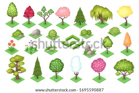 Cartoon trees and bush fence, stones and grass at summer or spring season. Nature landscape element of plants foliage. Park and wood, garden and forest symbols. Timber or lawn decoration. Foliage