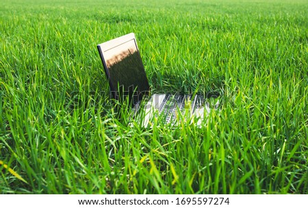 Modern laptop lying on fresh green grass