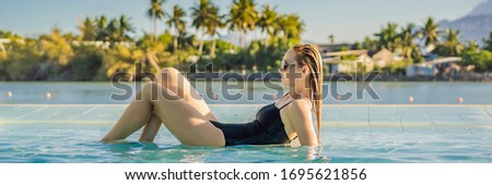 Luxury resort swimming pool. Beautiful woman tourist relaxing in holiday retreat on summer travel vacation. Bikini girl in sunbathing swimsuit enjoying ocean background BANNER, LONG FORMAT