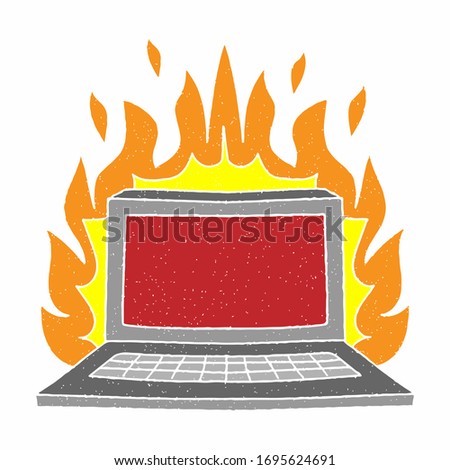 laptop on fire vector design. digital hand drawn style. grain texture