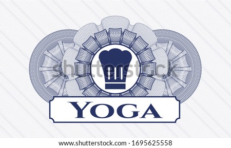 Blue money style emblem or rosette with chef hat icon and Yoga text inside