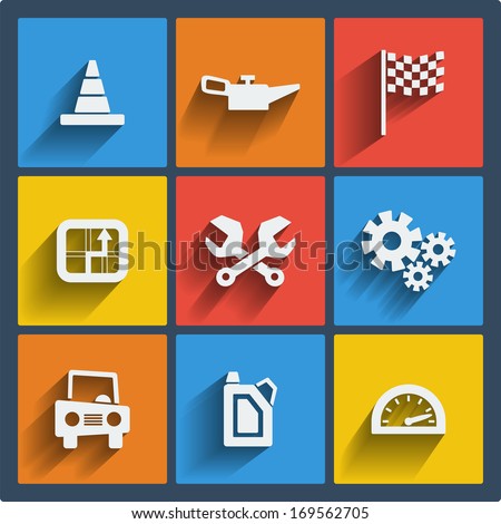 Set of 9 cars vector web and mobile icons in flat design. 