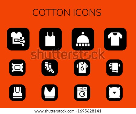 cotton icon set. 12 filled cotton icons.  Simple modern icons such as: Shirt, Makeup remover, Tank top, Socks, Beanie, Laundry, Towel, Pillow