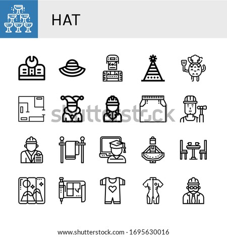 Set of hat icons. Such as Champagne, Education, Sun hat, Soldier, Fun hat, Chef, Blueprint, Joker, Engineer, Skirt, Builder, Clothes line, Graduate, Regional dance , icons