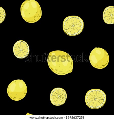 Yellow citrus on black background. Vector fruit illustration. For paper, cover, backdrop