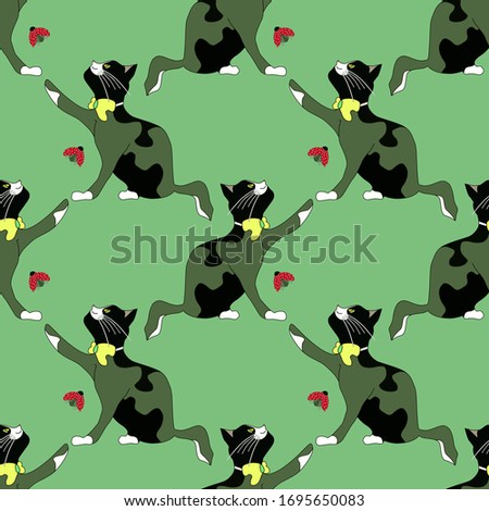 Seamless abstract pattern. Cat with a yellow bow catches a ladybug on a green background.