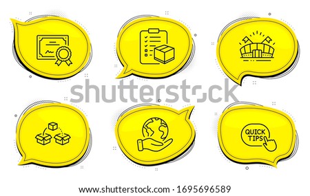 Parcel shipping sign. Diploma certificate, save planet chat bubbles. Parcel checklist, Quick tips and Sports arena line icons set. Logistics check, Helpful tricks, Event stadium. Send box. Vector