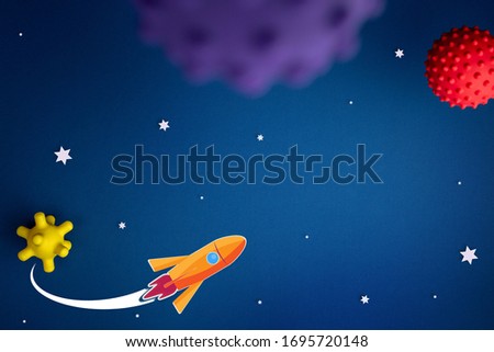 planet, astronaut, stars and rocket on deep blue background imitation of space. Cosmonautics Day concept. April 12th day of the first human space flight. space shuttle flat lay