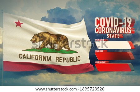 COVID-19 Coronavirus 2019-nCov Statistics Update - table letter typography copy space concept with flag of the states of USA. State of California flag Pandemic 3D illustration.