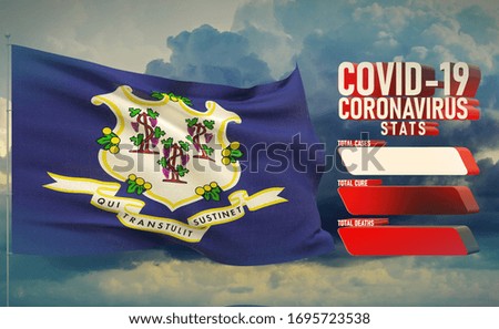 COVID-19 Coronavirus 2019-nCov Statistics Update - table letter typography copy space concept with flag of the states of USA. State of Connecticut flag Pandemic 3D illustration.