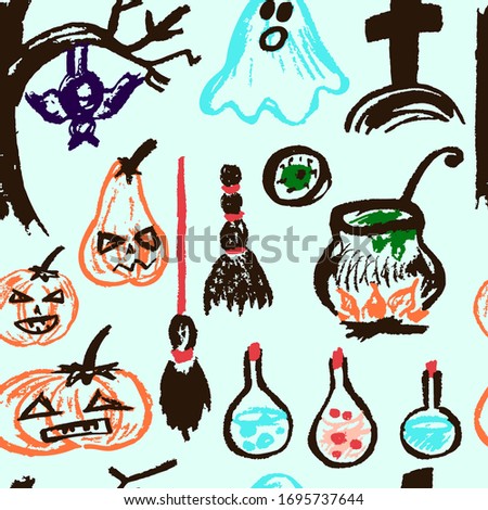 Halloween. A set of funny objects. Seamless pattern. Collection of festive elements. Autumn holidays