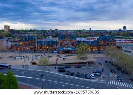 Aerial drone shot of Groningen main train station, Netherlands