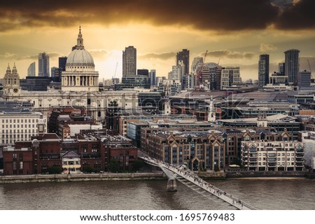 Aerial view of London at sunset - With St Paul Cathedral and the Millennium Bridge