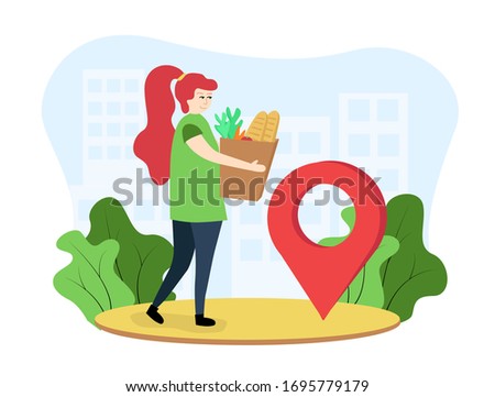 Food delivery illustration. A woman carries a grocery bag. The girl delivers groceries. The woman received an order for products. A girl near the location icon stands with a product package