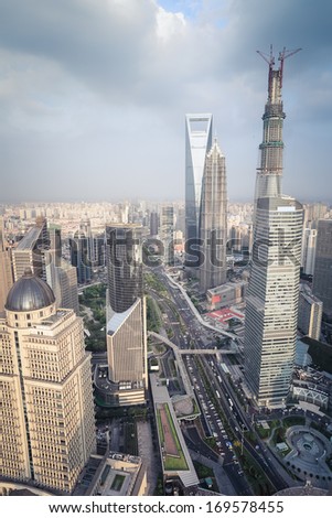 modern city aerial view of shanghai midtown, China.