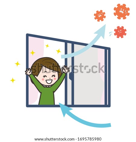 Woman ventilates the room, and is kicking out the virus illustration. Vector image.
