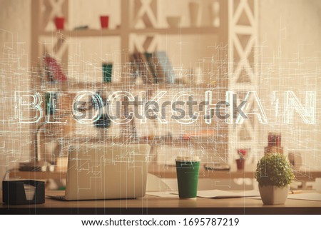 Double exposure of crypto technology theme drawing and office interior background. Concept of blockchain.