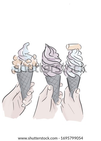 hands holding ice cream colorful collection. Hand drawing sketch illustration