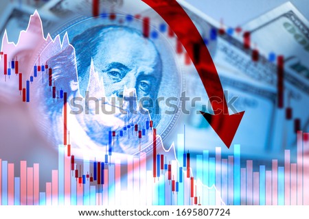 Red graph and arrows on the background of dollars. The fall of the economy. The fall of the financial market. Currency market. Economic crisis. The dollar is going down. Red arrow next to Franklin Royalty-Free Stock Photo #1695807724