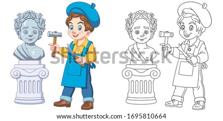 Cute sculptor making statue of roman emperor. Coloring page and colorful clipart character. Cartoon design for t shirt print, icon, logo, label, patch or sticker. Vector illustration.