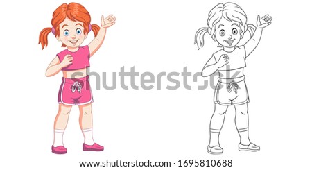 Happy girl waving her hand. Coloring page and colorful clipart character. Cartoon design for t shirt print, icon, logo, label, patch or sticker. Vector illustration.