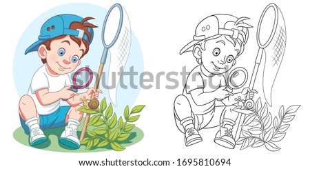 Cute boy discovering nature. Coloring page and colorful clipart character. Cartoon design for t shirt print, icon, logo, label, patch or sticker. Vector illustration.