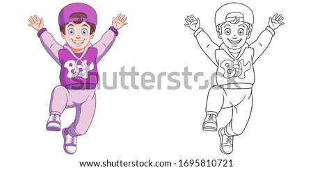 Cute happy boy jumping. Coloring page and colorful clipart character. Cartoon design for t shirt print, icon, logo, label, patch or sticker. Vector illustration.