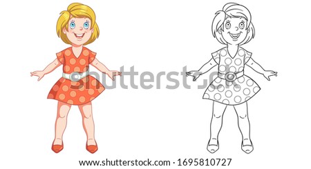 Cute happy girl in dress. Coloring page and colorful clipart character. Cartoon design for t shirt print, icon, logo, label, patch or sticker. Vector illustration.