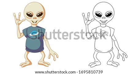 Cute ufo alien. Coloring page and colorful clipart character. Cartoon design for t shirt print, icon, logo, label, patch or sticker. Vector illustration.