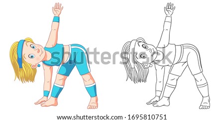 Cute girl practicing yoga. Coloring page and colorful clipart character. Cartoon design for t shirt print, icon, logo, label, patch or sticker. Vector illustration.