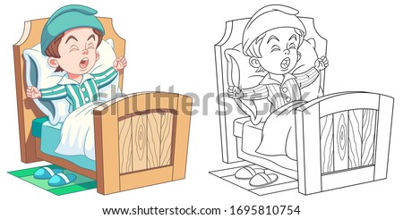Cute baby boy lying in bed. Coloring page and colorful clipart character. Cartoon design for t shirt print, icon, logo, label, patch or sticker. Vector illustration.