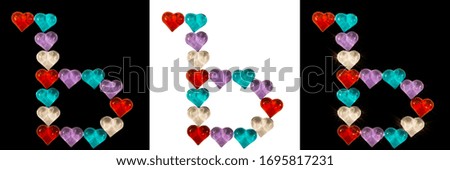 Isolated Font Russian Letter made of colorful glass hearts with sparkles on white and black backgrounds