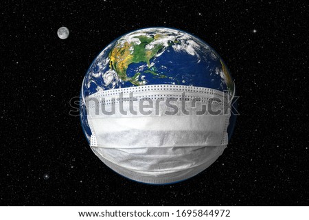 COVID-19, travel and safe world concept, globe in medical mask on star sky background. Planet Earth with protect from coronavirus in outer space during pandemic. Elements of image furnished by NASA.