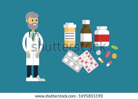 Eps illustration of clip art doctor in layout with various medication and pills elements on blue background