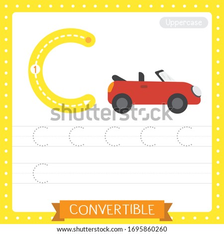 Letter C uppercase cute children colorful transportations ABC alphabet tracing practice worksheet of Convertible for kids learning English vocabulary and handwriting Vector Illustration.