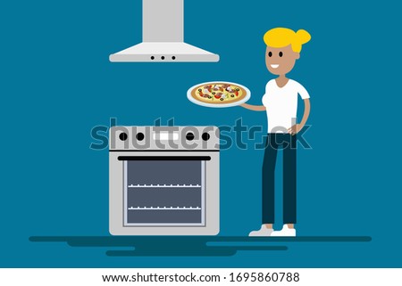 Eps illustration of cheerful girl cooking fresh pizza at industrial oven on blue background