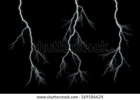 Different lightning bolts isolating on black Royalty-Free Stock Photo #169586624
