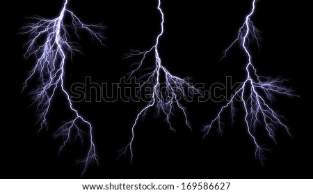 Different lightning bolts isolating on black Royalty-Free Stock Photo #169586627