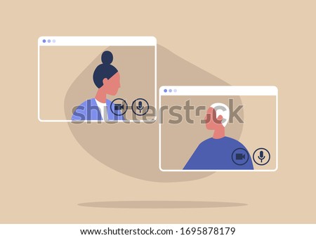 Video call conference, working from home, social distancing, business discussion Royalty-Free Stock Photo #1695878179