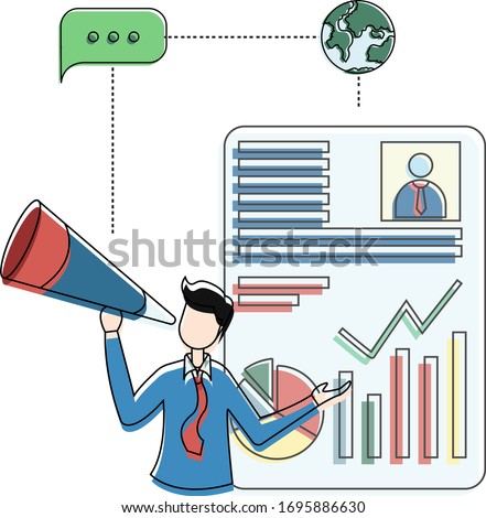 Curriculum vitae vector concept with male figure wearing a suit while shouting and presenting his biodata
