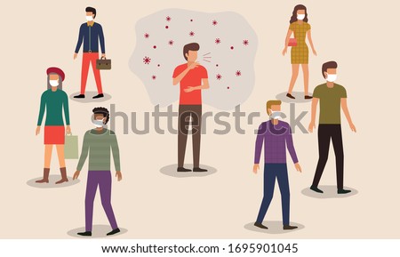 Flat style vector illustration of cartoon character man sneezing or cough in the crowd. People in face mask protect themself from germ. Fear of contagious disease. Anxiety about Wuhan corona virus. Royalty-Free Stock Photo #1695901045