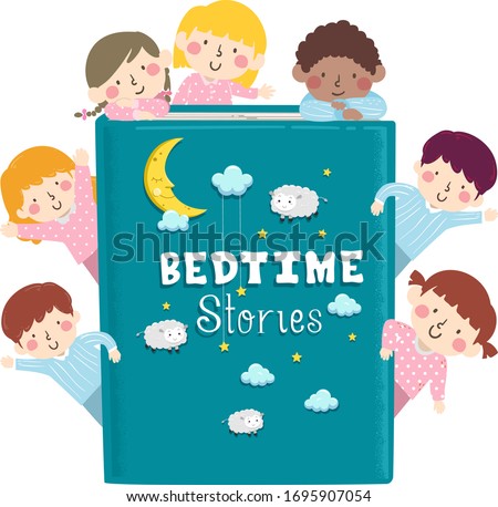 Illustration of Kids Wearing Pajamas and Holding a Big Book of Bedtime Stories