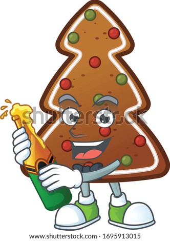 Mascot cartoon design of gingerbread tree making toast with a bottle of beer