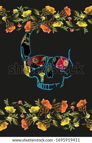 Natural flowers and skull. Bagging, printing on fabrics, shirts. Life and death - seamless scenery. Vector illustration.