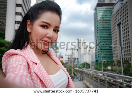 Happiness business woman smile portrait and selfie photo relaxation at outdoor.