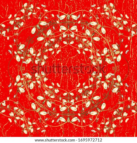 Good for greeting card for birthday, invitation or banner. Vector illustration. Decorative symmetry arabesque. Gold on red and brown colors. Seamless medieval floral royal pattern.