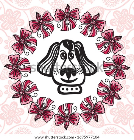 Cute cartoon dog and beautiful floral background. Vector illustration