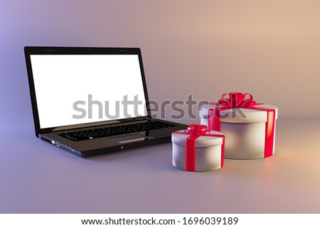 laptop computer, white round gift boxes,site layout, mocup for web site
